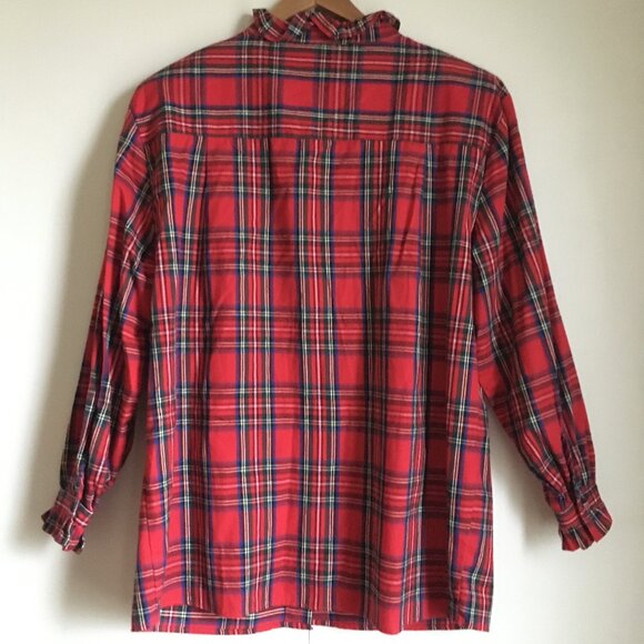 Vintage Plaid Shoulder Pad Cotton Mockneck Button Down Blouse - Picture 2 of 16